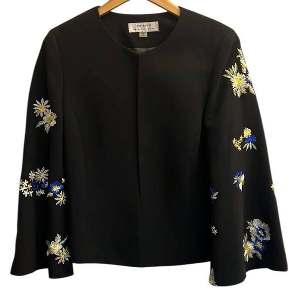 Tahari ASL Black Floral Embroidered Jacket 12 Flared Sleeve Lined Round Neckline - Picture 1 of 14